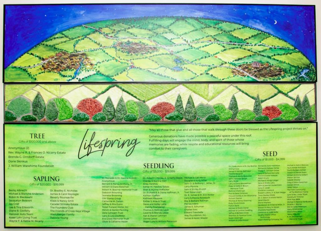 An illustrated donation recognition board for the Lifespring project, featuring a colorful landscape at the top, along with three sections labeled Tree, Sapling, and Seed, each listing donor names and their gift amounts.